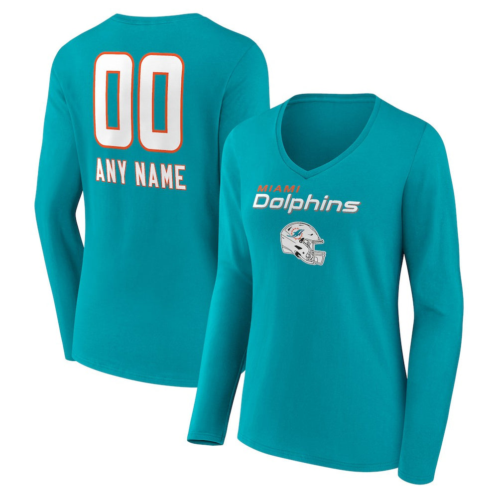 Miami Dolphins  Women's Personalized Name & Number Team Wordmark Long Sleeve V-Neck T-Shirt