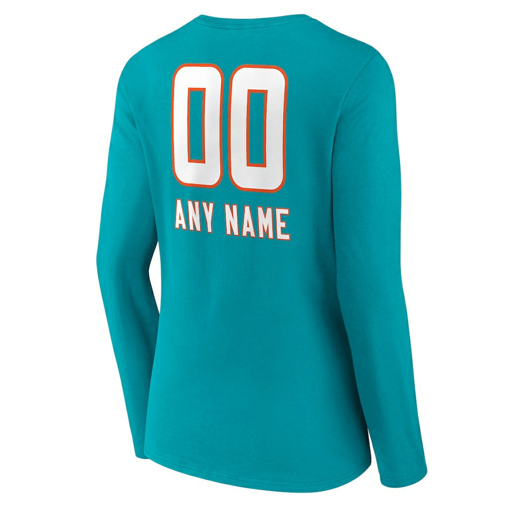 Miami Dolphins  Women's Personalized Name & Number Team Wordmark Long Sleeve V-Neck T-Shirt
