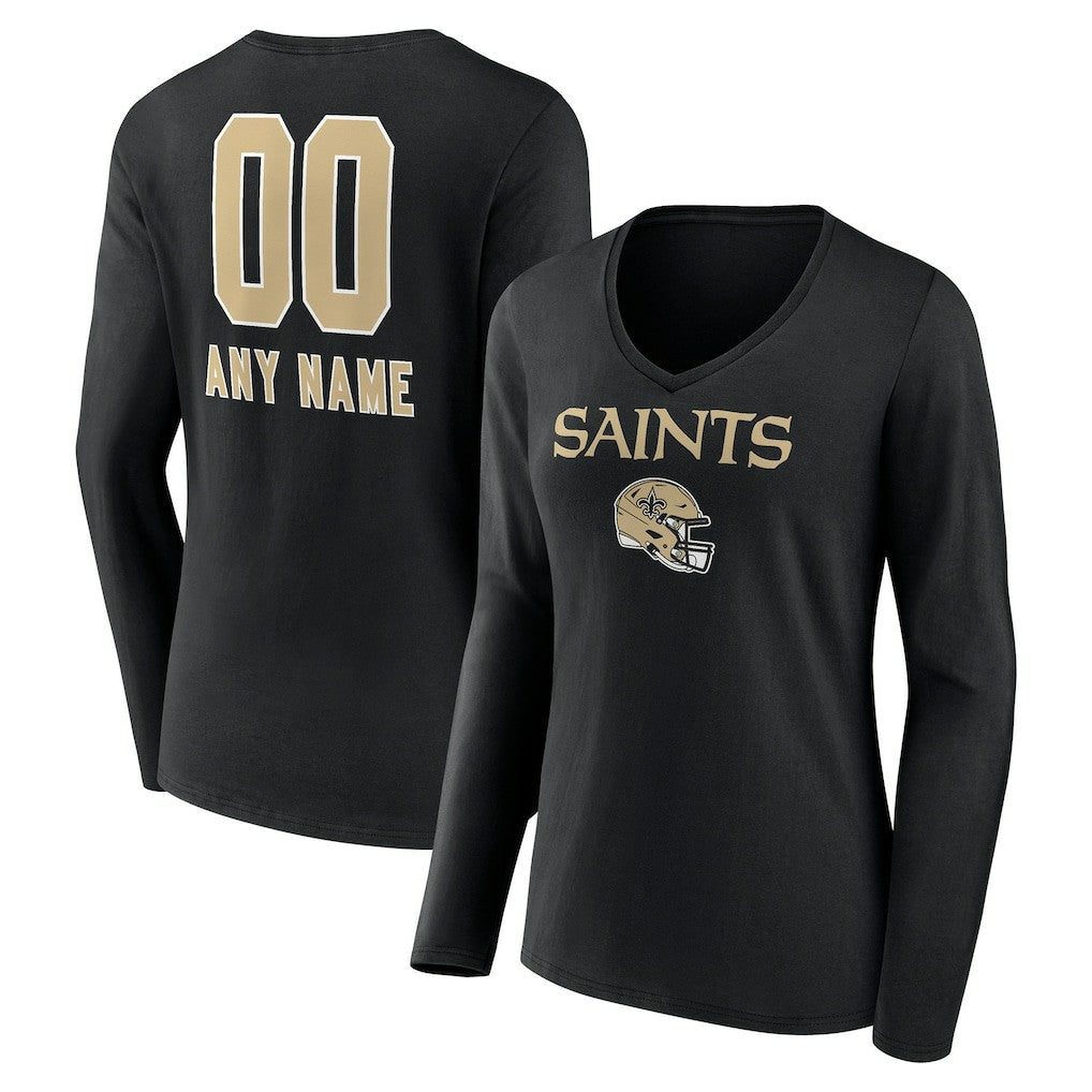 New Orleans Saints  Women's Personalized Name & Number Team Wordmark Long Sleeve V-Neck T-Shirt