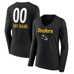 Pittsburgh Steelers  Women's Personalized Name & Number Team Wordmark Long Sleeve V-Neck T-Shirt
