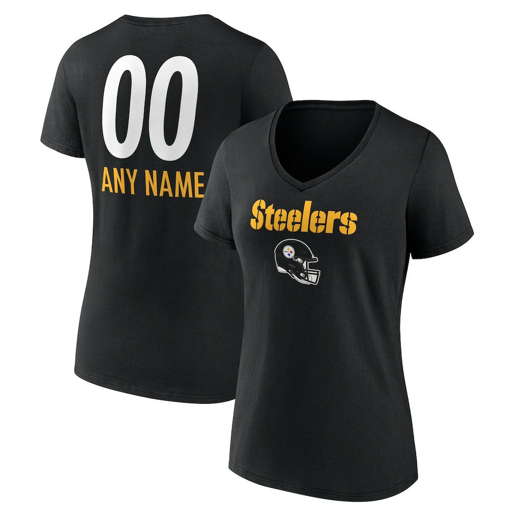 Pittsburgh Steelers  Women's Personalized Name & Number Team Wordmark V-Neck T-Shirt