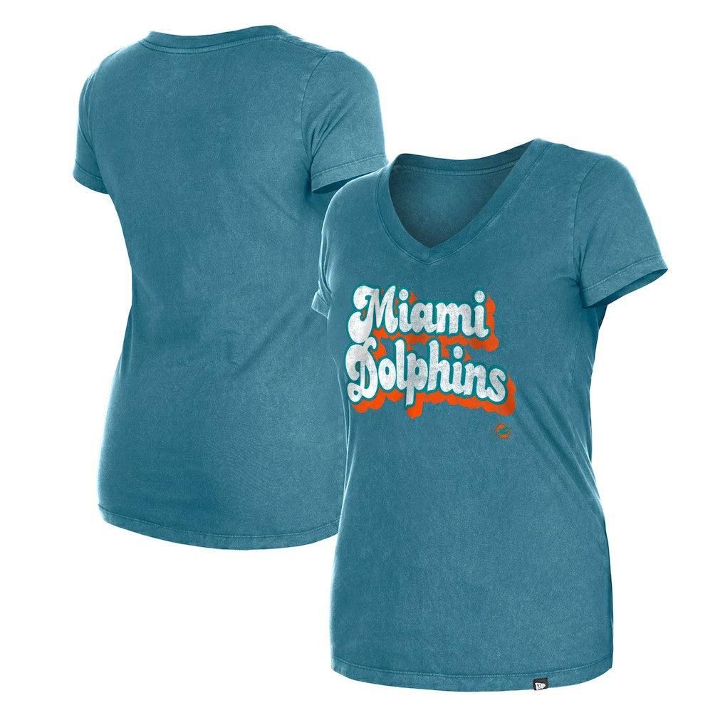 Miami Dolphins New Era Women's Enzyme Wash Low V-Neck T-Shirt