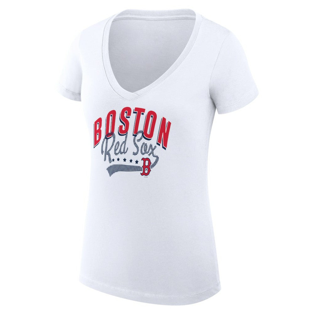Boston Red Sox G-III 4Her by Carl Banks Women's Super-Slim Fit Lightweight Filigree Team V-Neck T-Shirt | MLB Shop