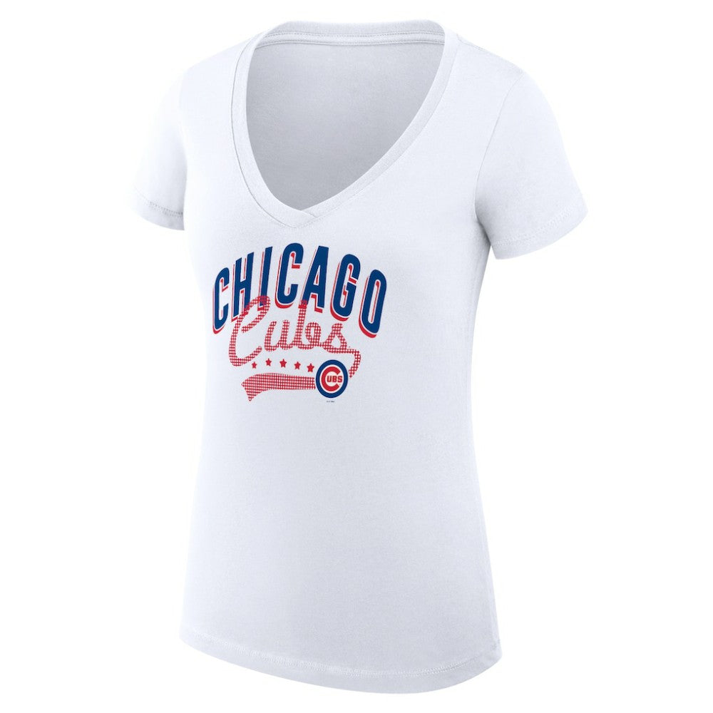 Chicago Cubs G-III 4Her by Carl Banks Women's Super-Slim Fit Lightweight Filigree Team V-Neck T-Shirt | MLB New
