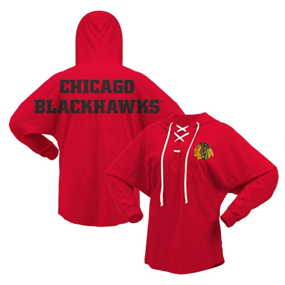 Chicago Blackhawks Fanatics Women's Jersey Lace-Up V-Neck Long Sleeve Hoodie T-Shirt Outlet