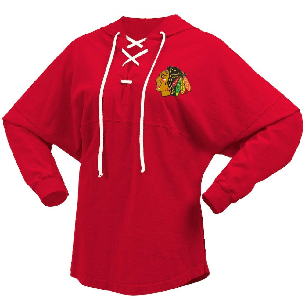 Chicago Blackhawks Fanatics Women's Jersey Lace-Up V-Neck Long Sleeve Hoodie T-Shirt Outlet