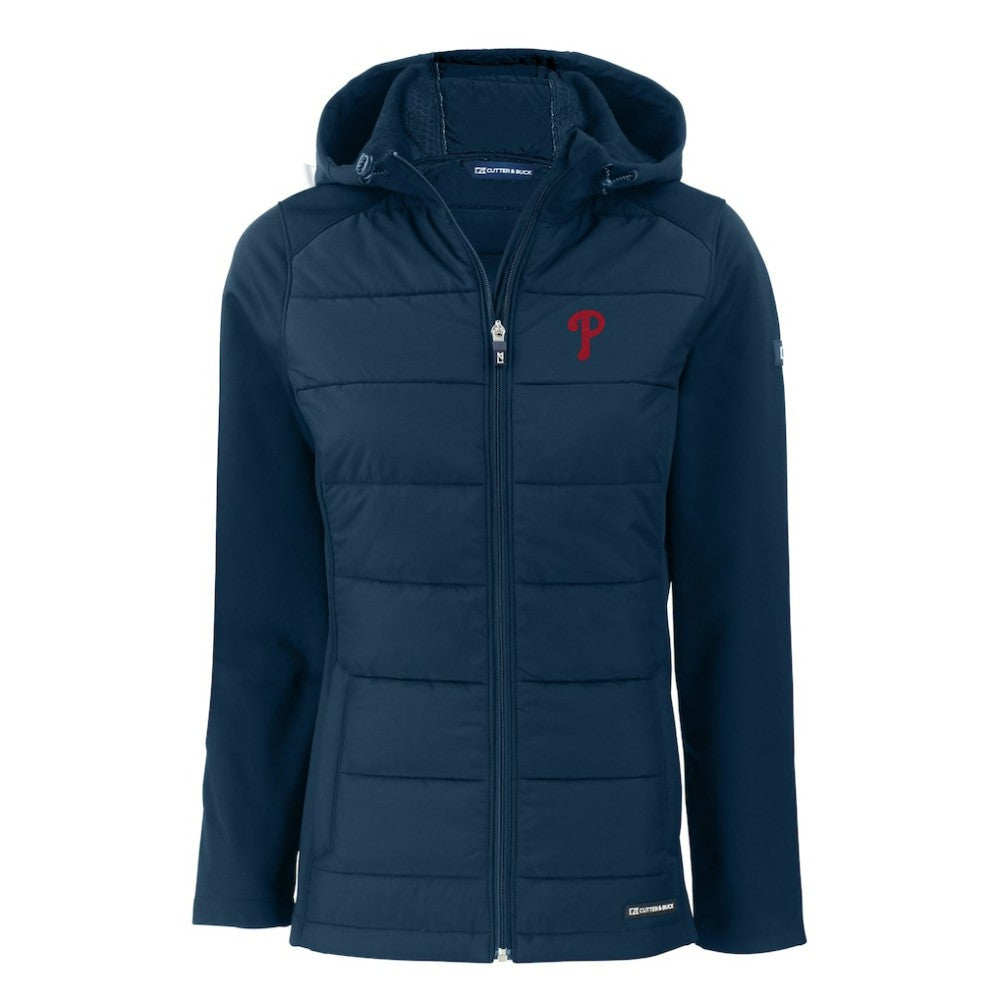 Philadelphia Phillies Cutter & Buck Women's Evoke Hybrid Eco Softshell Recycled Full-Zip Hoodie Jacket | MLB Shop