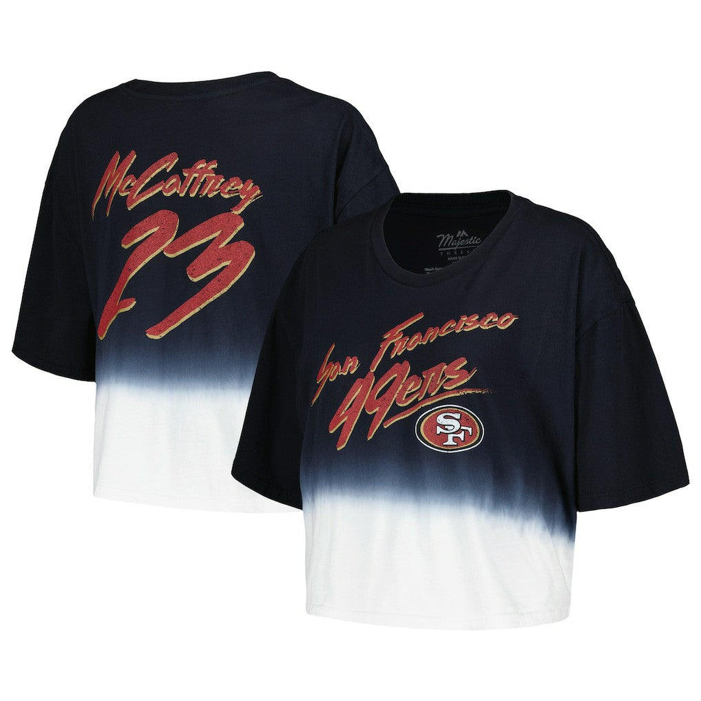 San Francisco 49ers  Christian McCaffrey  Majestic Threads Women's Dip-Dye Player Name & Number Crop Top
