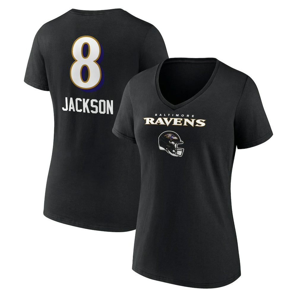 Baltimore Ravens  Lamar Jackson  Women's Team Wordmark Name & Number V-Neck T-Shirt