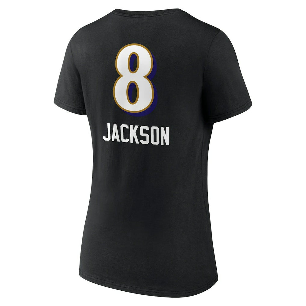 Baltimore Ravens  Lamar Jackson  Women's Team Wordmark Name & Number V-Neck T-Shirt