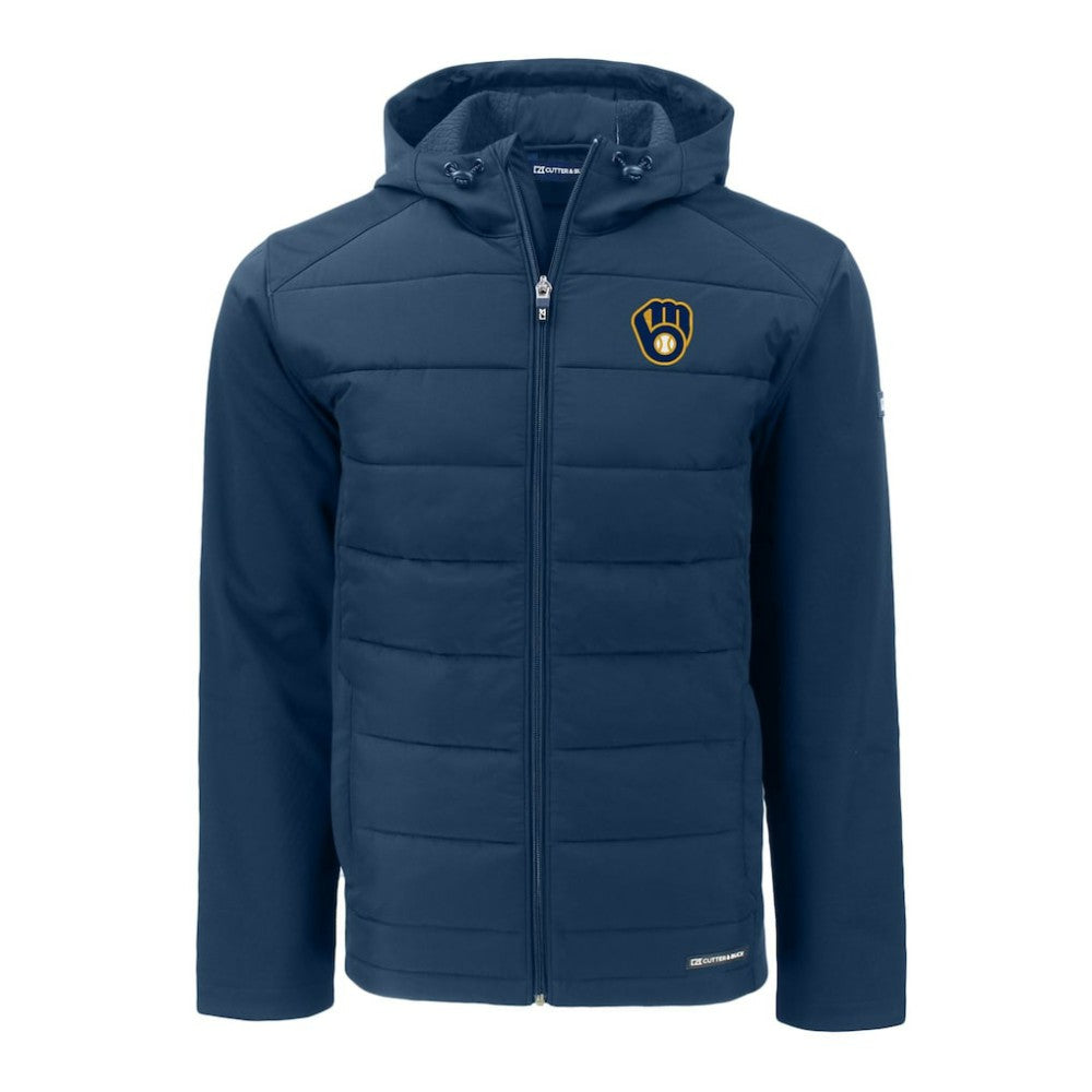 Milwaukee Brewers Cutter & Buck Big & Tall Evoke Hybrid Eco Softshell Recycled Full-Zip Hoodie | MLB On Sale