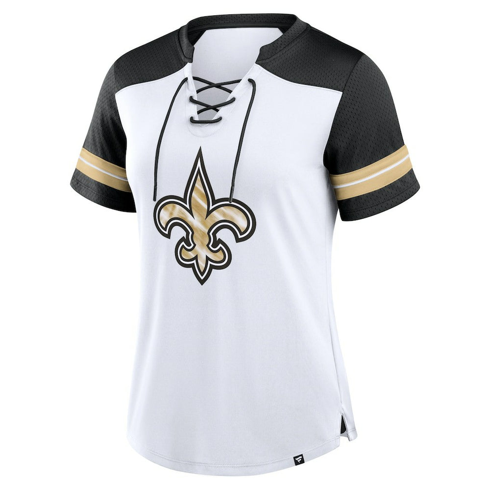 New Orleans Saints Fanatics Women's Foiled Primary Lace-Up T-Shirt