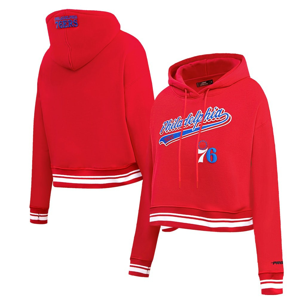 Philadelphia 76ers Pro Standard Women's Script Tail Cropped Pullover Hoodie Online