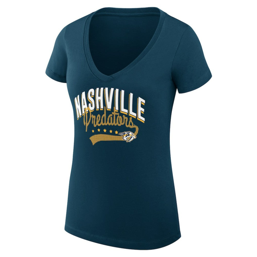 Nashville Predators G-III 4Her by Carl Banks Women's Super-Slim Fit Lightweight Filigree Logo V-Neck T-Shirt – Navy For Sale
