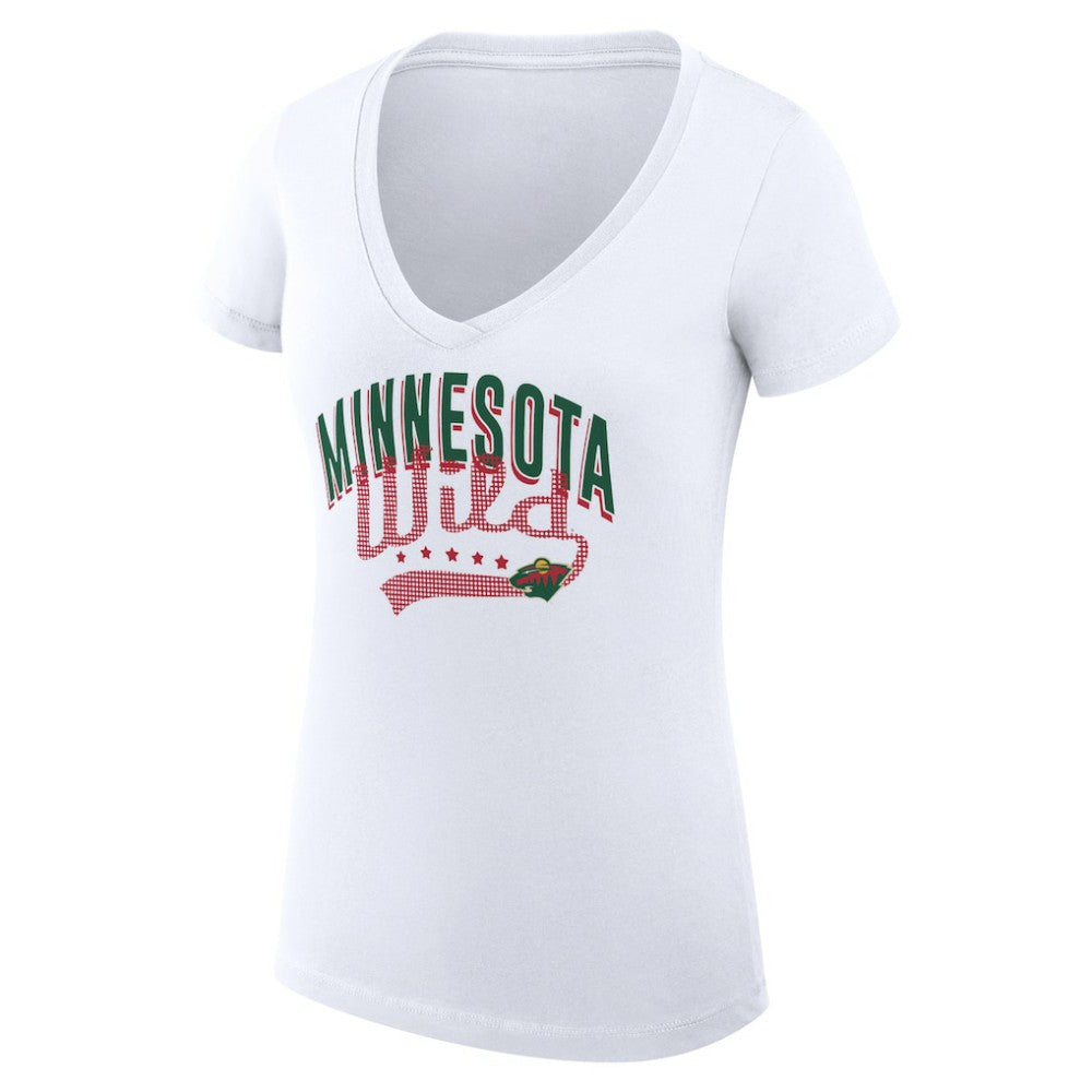 Minnesota Wild G-III 4Her by Carl Banks Women's Super-Slim Fit Lightweight Filigree Logo V-Neck T-Shirt – White For Sale