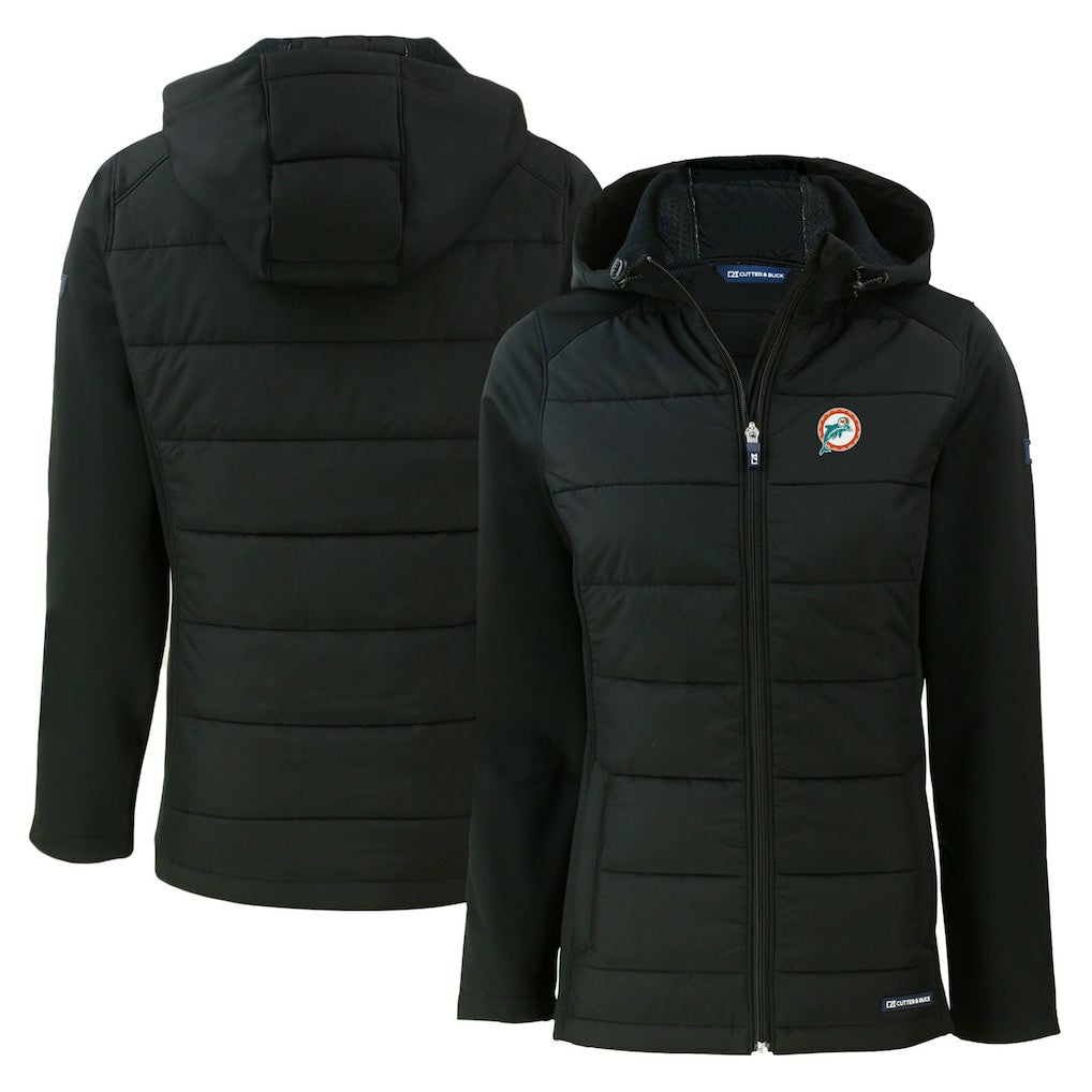 Miami Dolphins  Cutter & Buck Women's Throwback Evoke Hybrid Eco Softshell Recycled Full-Zip Hoodie Jacket