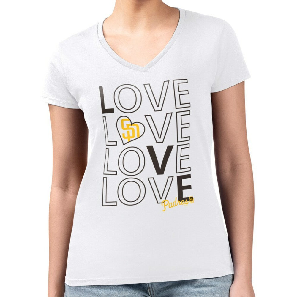 San Diego Padres G-III 4Her by Carl Banks Women's Super-Slim Fit Lightweight Love Graphic Team V-Neck T-Shirt | MLB Outlet