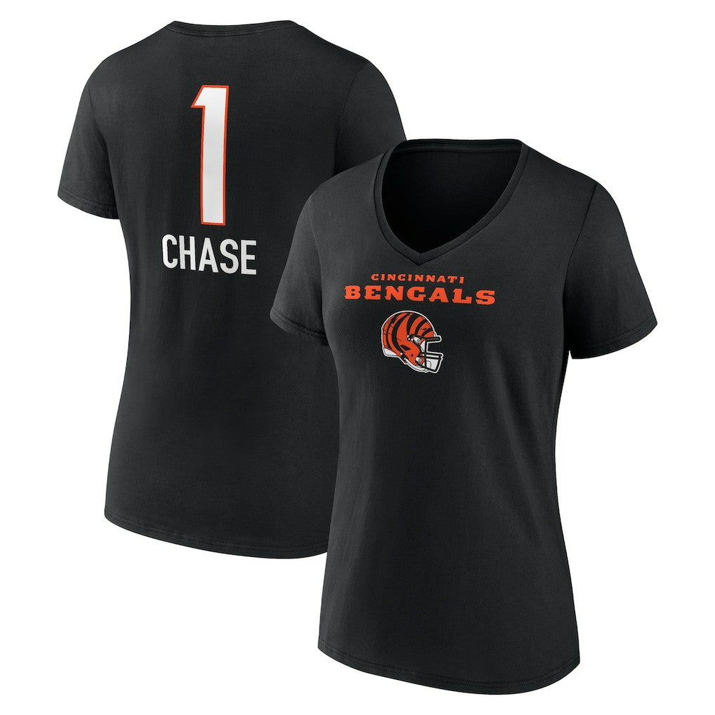 Cincinnati Bengals  Ja'Marr Chase  Women's Team Wordmark Player Name & Number V-Neck T-Shirt