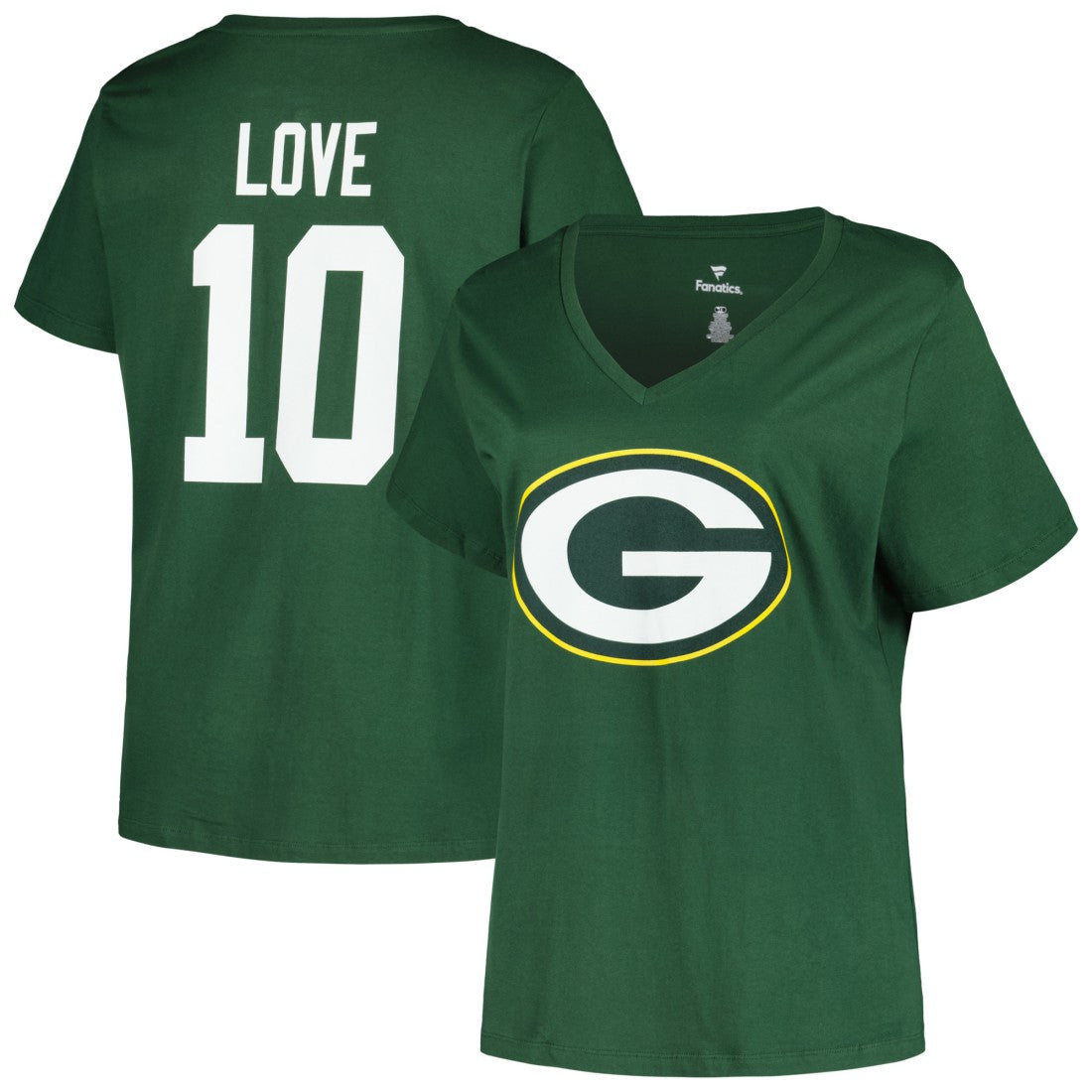 Green Bay Packers Fanatics Jordan Love  Women's Plus Size Name & Number V-Neck T-Shirt