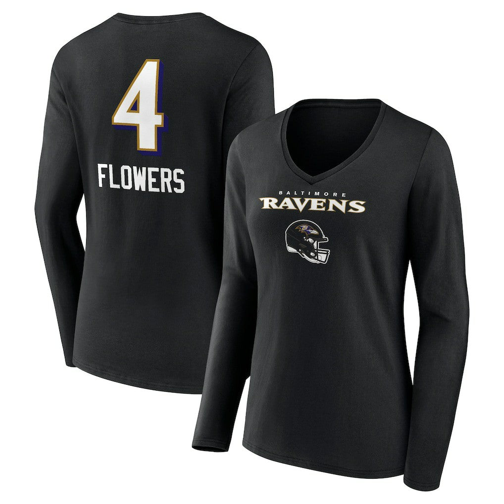 Baltimore Ravens  Zay Flowers  Women's Team Wordmark Player Name & Number Long Sleeve V-Neck T-Shirt