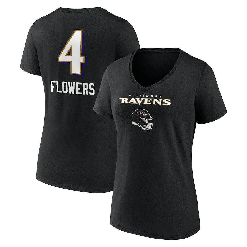 Baltimore Ravens  Zay Flowers  Women's Team Wordmark Player Name & Number V-Neck T-Shirt