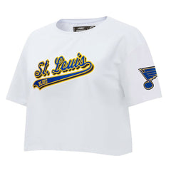 St. Louis Blues Pro Standard Women's Boxy Script Tail Cropped T-Shirt Sale