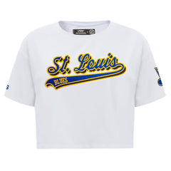St. Louis Blues Pro Standard Women's Boxy Script Tail Cropped T-Shirt Sale