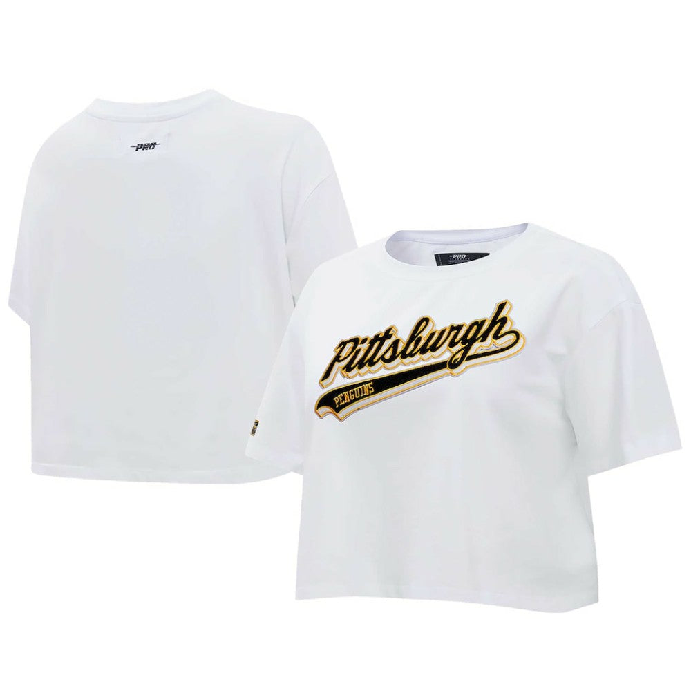 Pittsburgh Penguins Pro Standard Women's Boxy Script Tail Cropped T-Shirt On Sale