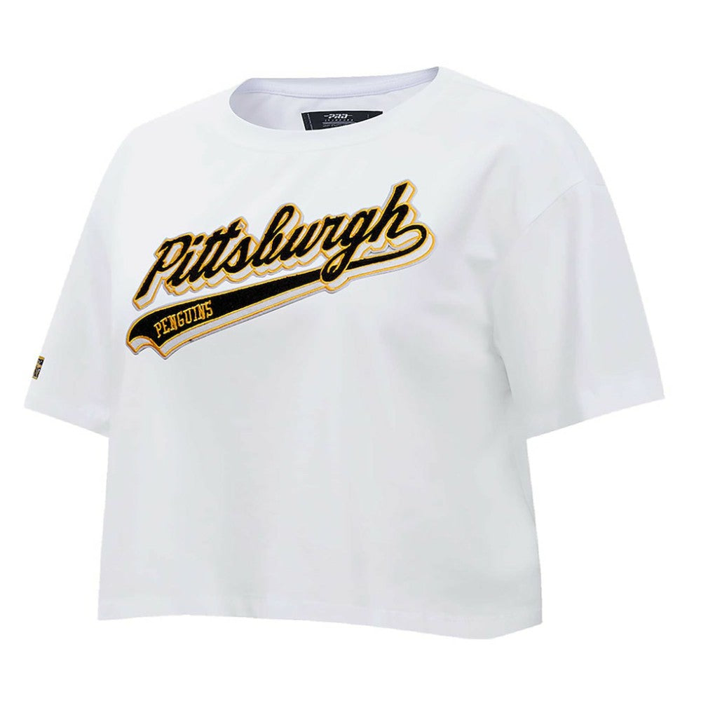 Pittsburgh Penguins Pro Standard Women's Boxy Script Tail Cropped T-Shirt On Sale