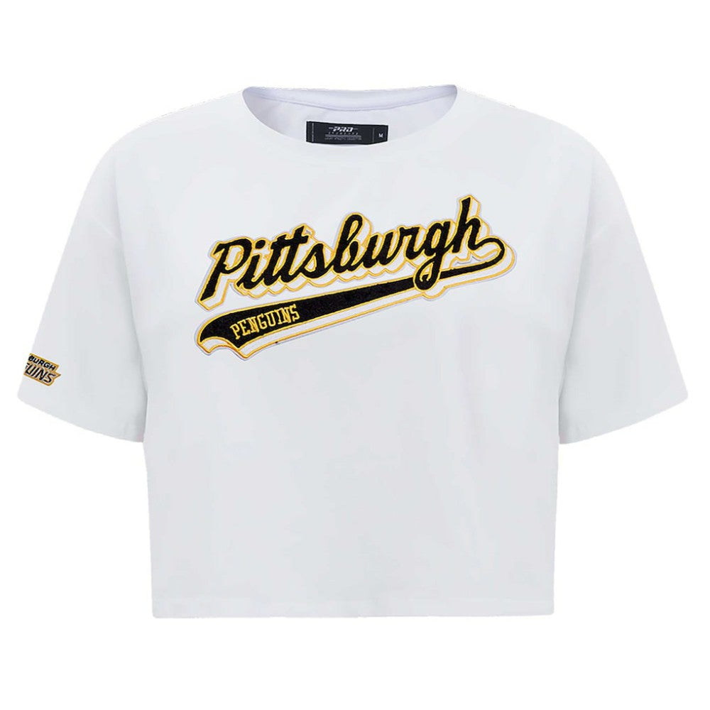 Pittsburgh Penguins Pro Standard Women's Boxy Script Tail Cropped T-Shirt On Sale