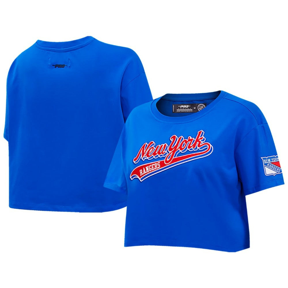 New York Rangers Pro Standard Women's Boxy Script Tail Cropped T-Shirt Discount