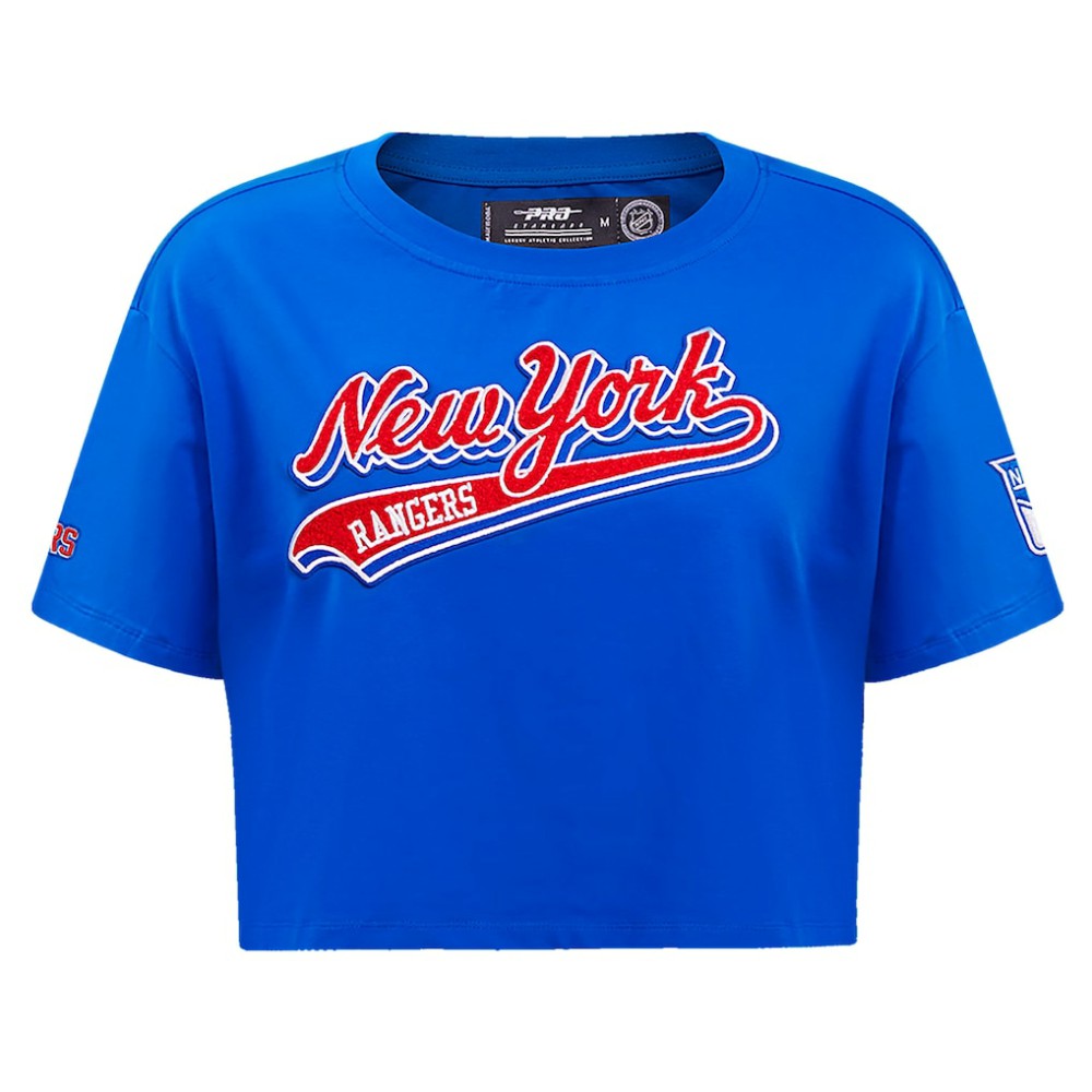 New York Rangers Pro Standard Women's Boxy Script Tail Cropped T-Shirt Discount