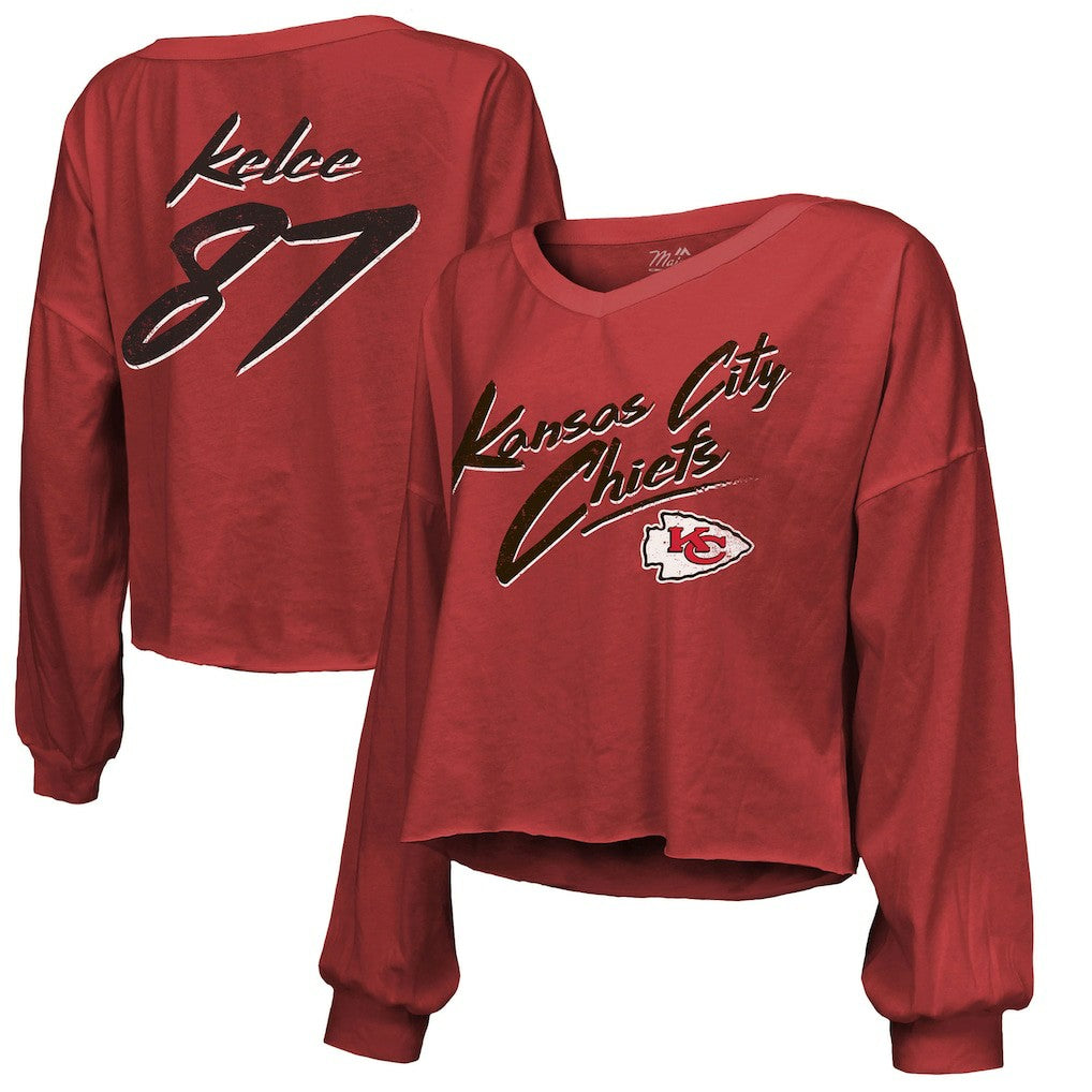 Kansas City Chiefs  Travis Kelce  Majestic Threads Women's Name & Number Off-Shoulder Script Cropped Long Sleeve V-Neck T-Shirt