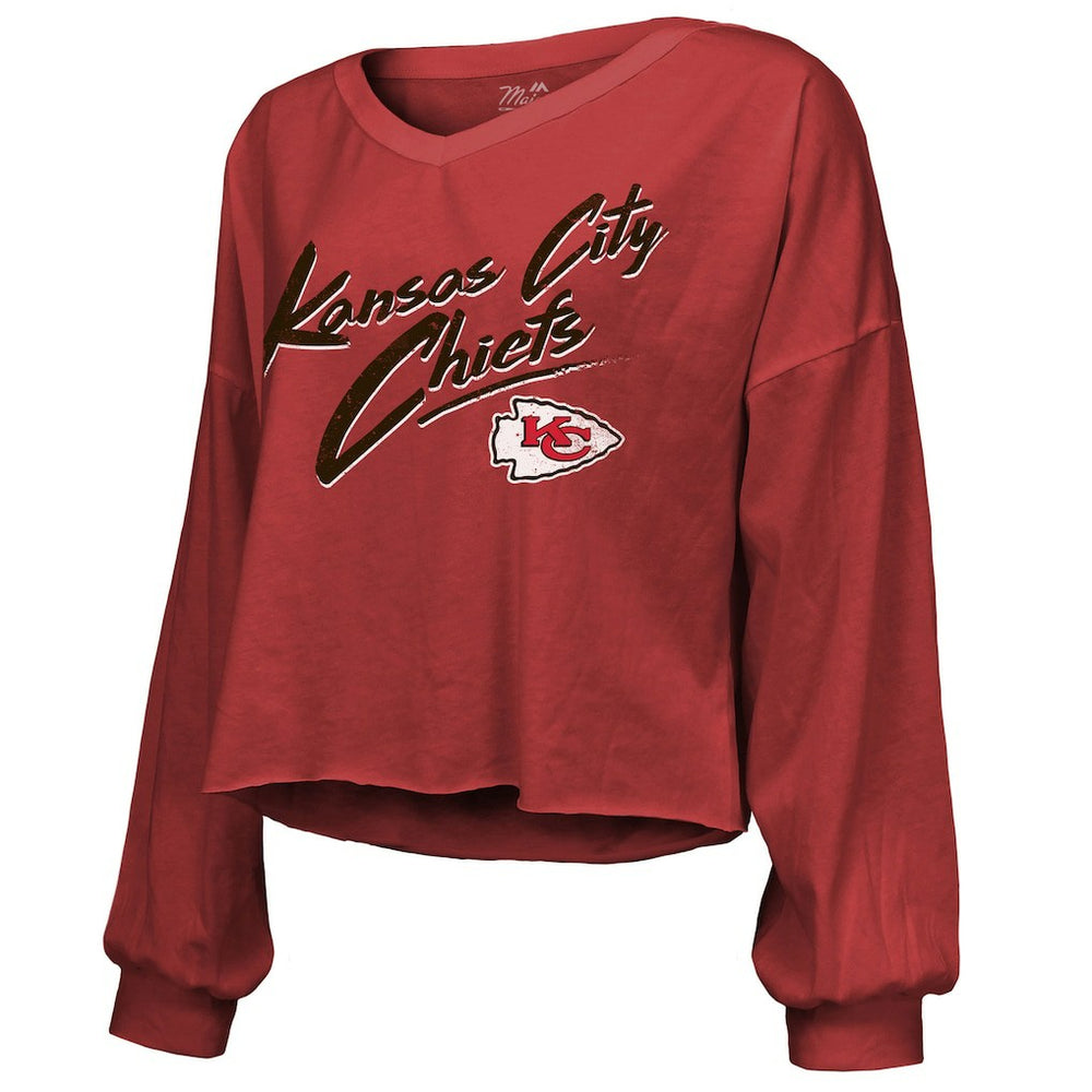 Kansas City Chiefs  Travis Kelce  Majestic Threads Women's Name & Number Off-Shoulder Script Cropped Long Sleeve V-Neck T-Shirt