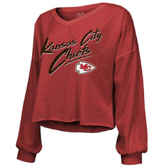 Kansas City Chiefs  Travis Kelce  Majestic Threads Women's Name & Number Off-Shoulder Script Cropped Long Sleeve V-Neck T-Shirt
