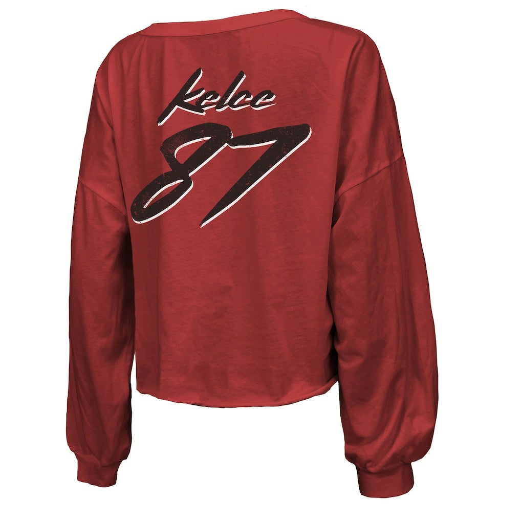Kansas City Chiefs  Travis Kelce  Majestic Threads Women's Name & Number Off-Shoulder Script Cropped Long Sleeve V-Neck T-Shirt