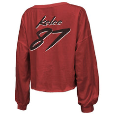 Kansas City Chiefs  Travis Kelce  Majestic Threads Women's Name & Number Off-Shoulder Script Cropped Long Sleeve V-Neck T-Shirt