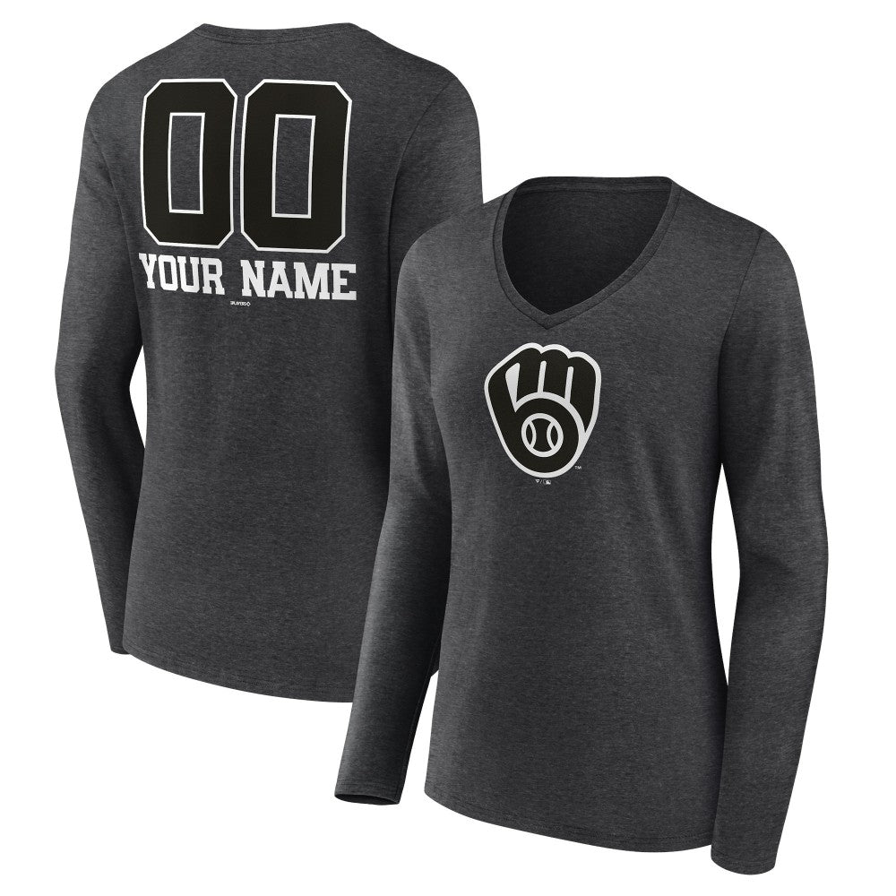 Milwaukee Brewers Women's Personalized Monochrome Name & Number Long Sleeve V-Neck T-Shirt | MLB Shop