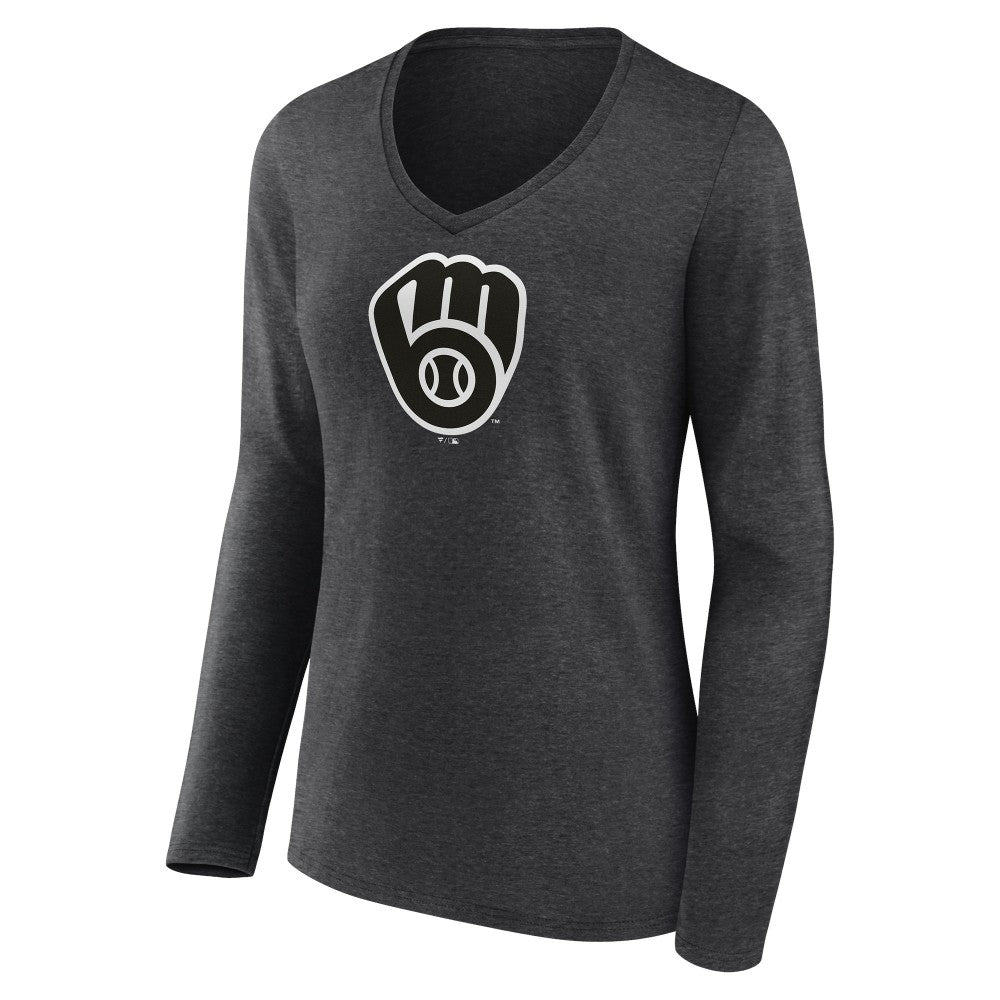 Milwaukee Brewers Women's Personalized Monochrome Name & Number Long Sleeve V-Neck T-Shirt | MLB Shop