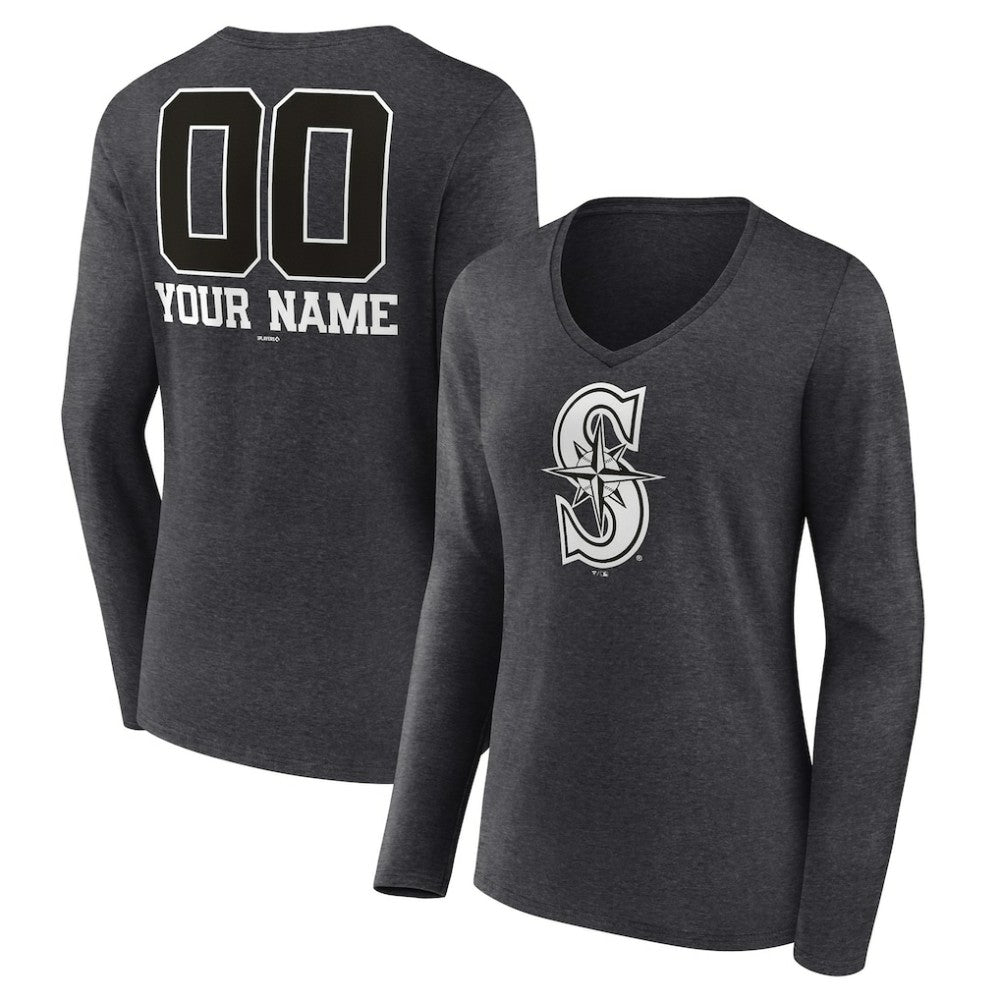 Seattle Mariners Women's Personalized Monochrome Name & Number Long Sleeve V-Neck T-Shirt | MLB Outlet
