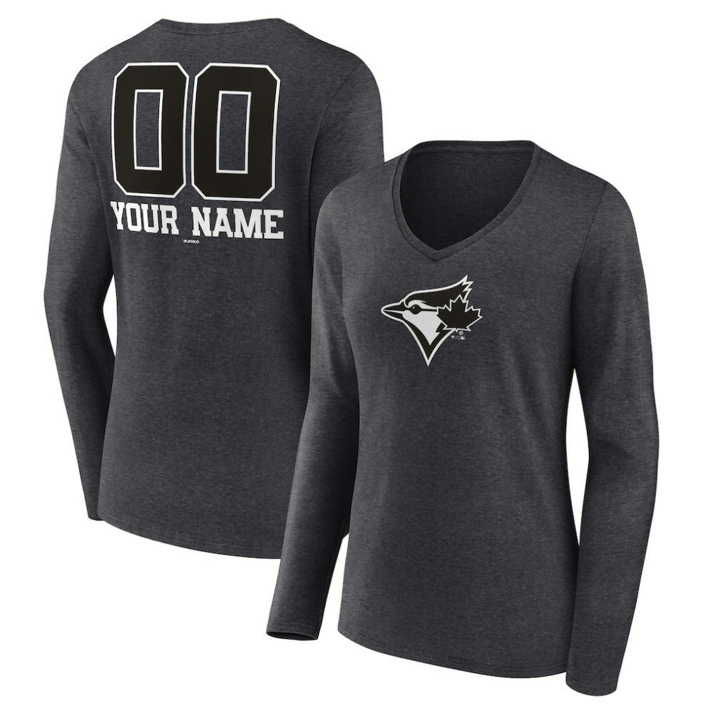 Toronto Blue Jays Women's Personalized Monochrome Name & Number Long Sleeve V-Neck T-Shirt | MLB On Sale