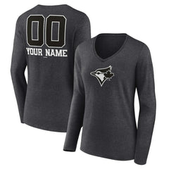 Toronto Blue Jays Women's Personalized Monochrome Name & Number Long Sleeve V-Neck T-Shirt | MLB On Sale