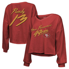 San Francisco 49ers  Brock Purdy  Majestic Threads Women's Name & Number Off-Shoulder Script Cropped Long Sleeve Relaxed V-Neck T-Shirt