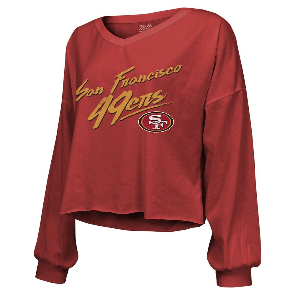 San Francisco 49ers  Brock Purdy  Majestic Threads Women's Name & Number Off-Shoulder Script Cropped Long Sleeve Relaxed V-Neck T-Shirt
