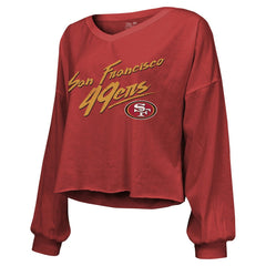 San Francisco 49ers  Brock Purdy  Majestic Threads Women's Name & Number Off-Shoulder Script Cropped Long Sleeve Relaxed V-Neck T-Shirt
