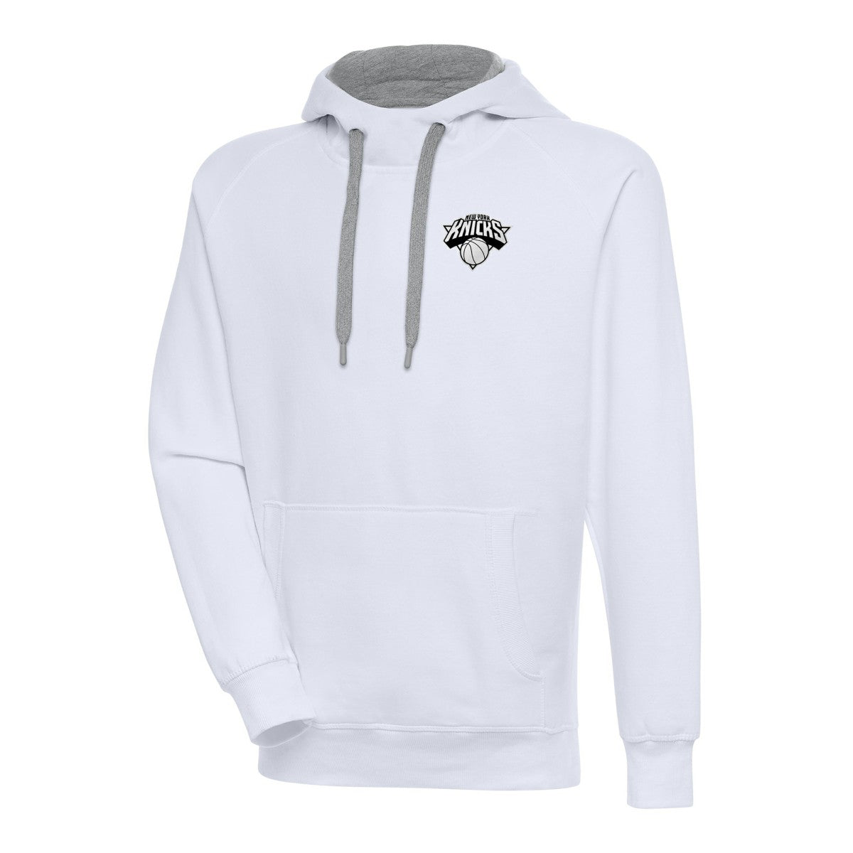 New York Knicks Antigua Metallic Logo Victory Raglan Pullover Hoodie On Sale