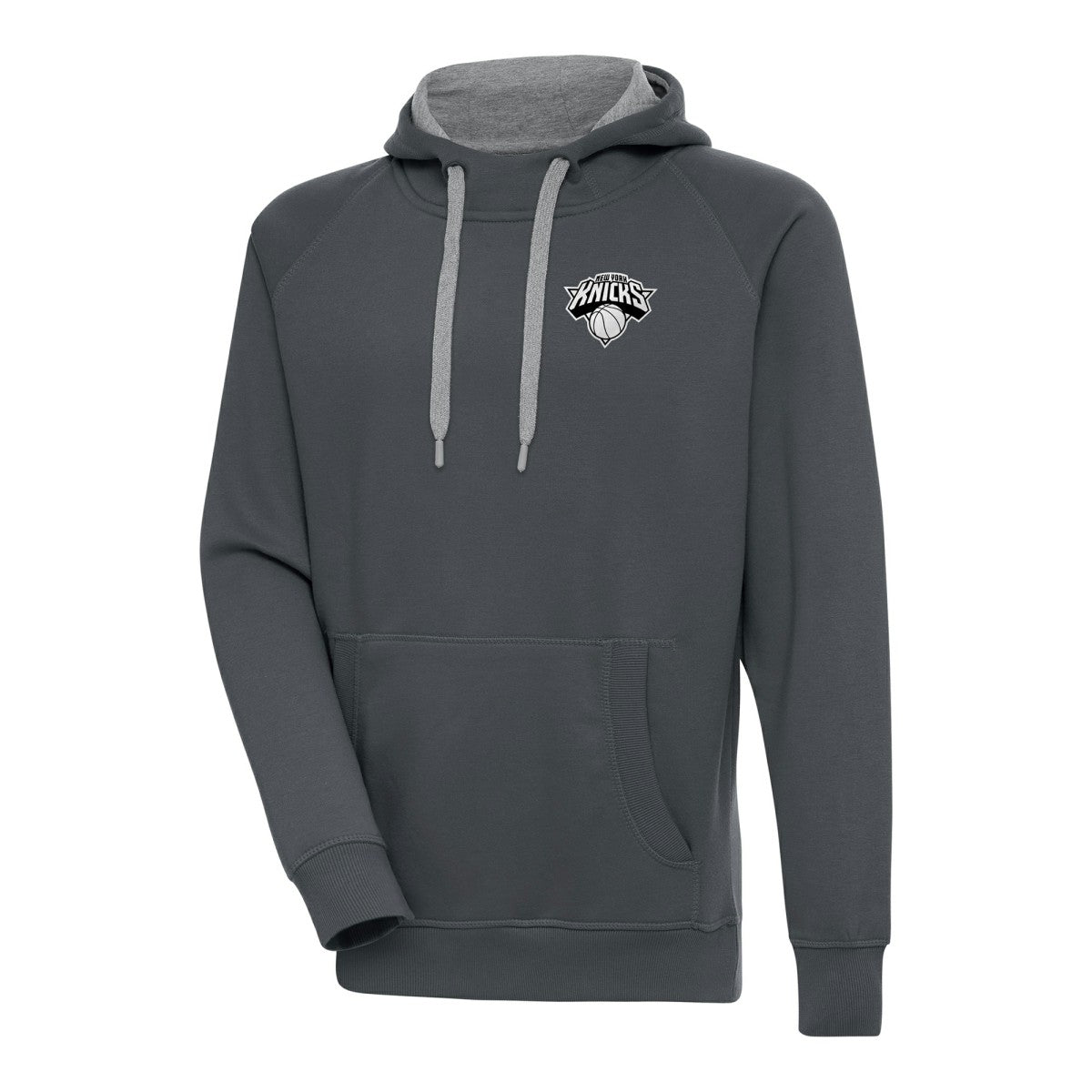 New York Knicks Antigua Metallic Logo Victory Raglan Pullover Hoodie On Sale