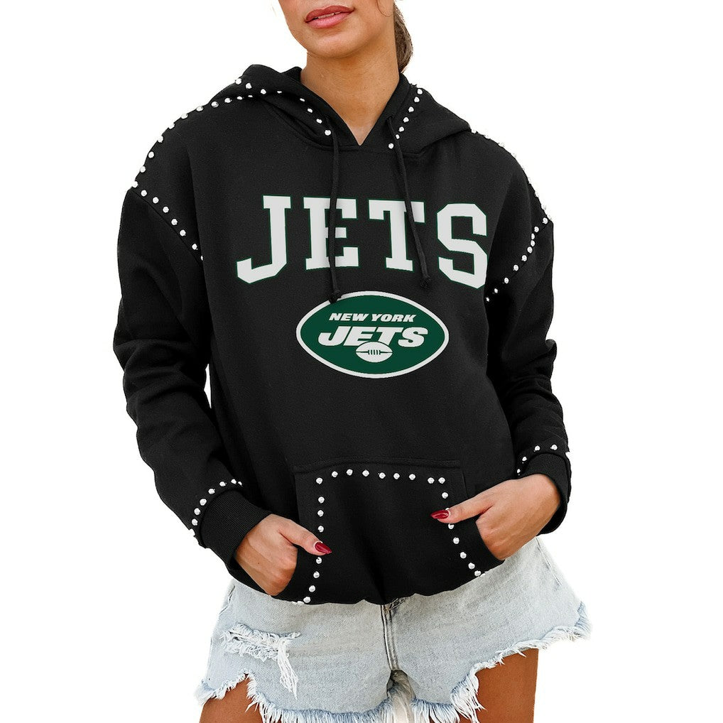 New York Jets  Gameday Couture Women's Oversized Catch the Vibe Studded Pullover Hoodie