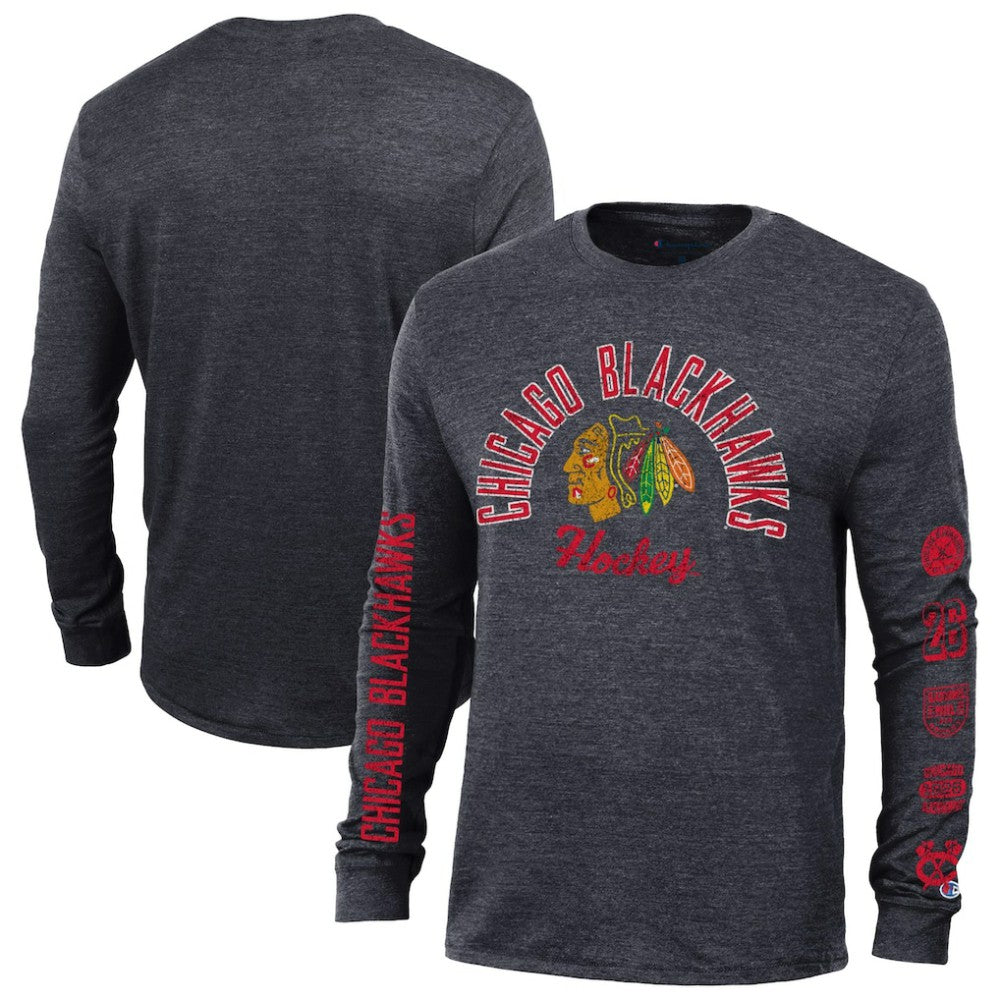 Chicago Blackhawks Champion Multi-Logo Tri-Blend Long Sleeve T-Shirt On Sale
