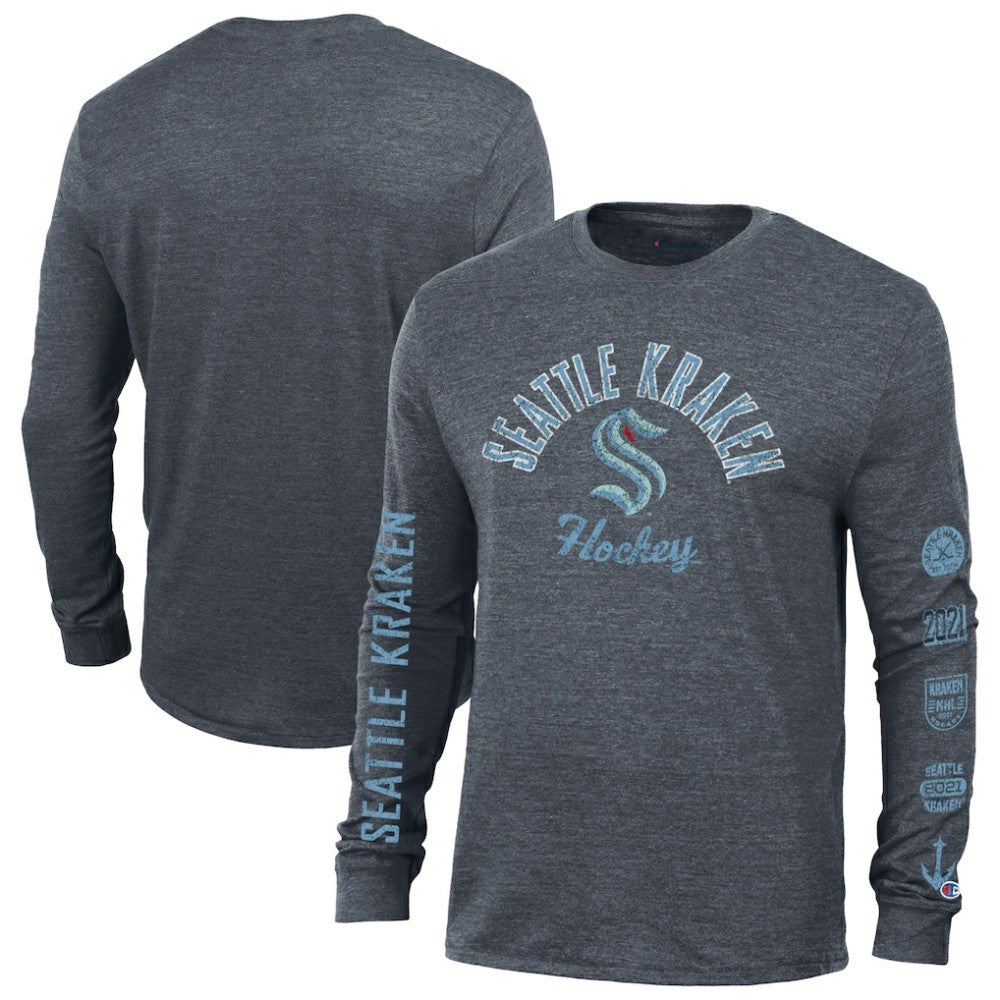 Seattle Kraken Champion Multi-Logo Tri-Blend Long Sleeve T-Shirt Outlet